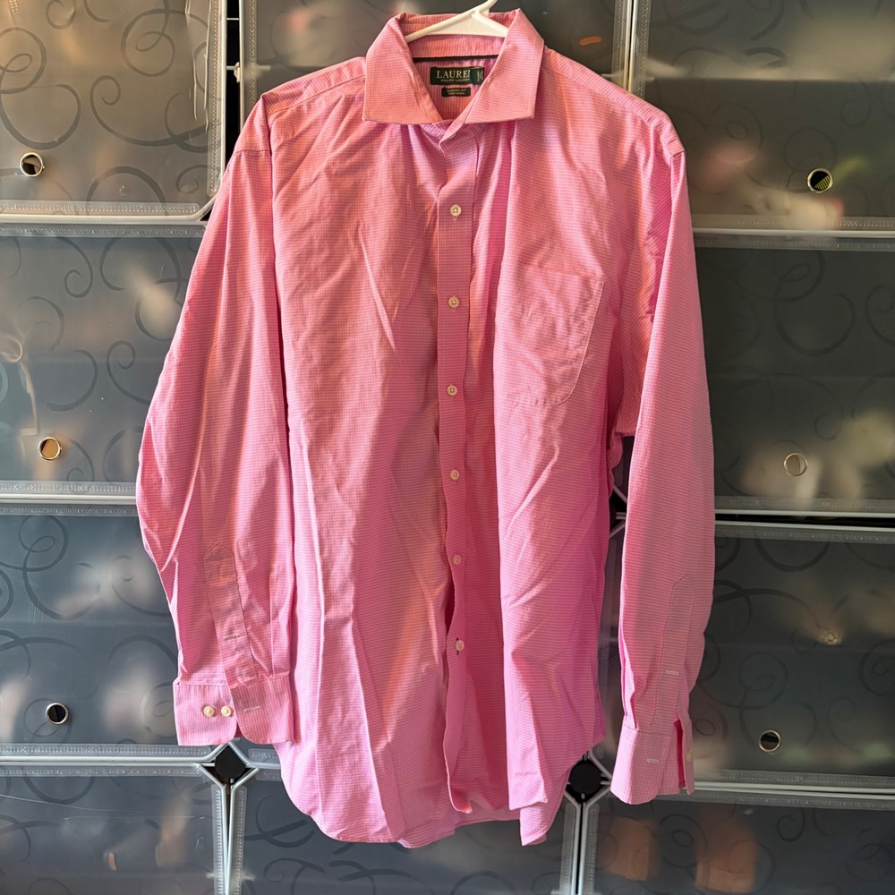 Lauren Ralph Lauren Mens Pink Micro Check Non Iron Dress Shirt 17.5 34/35